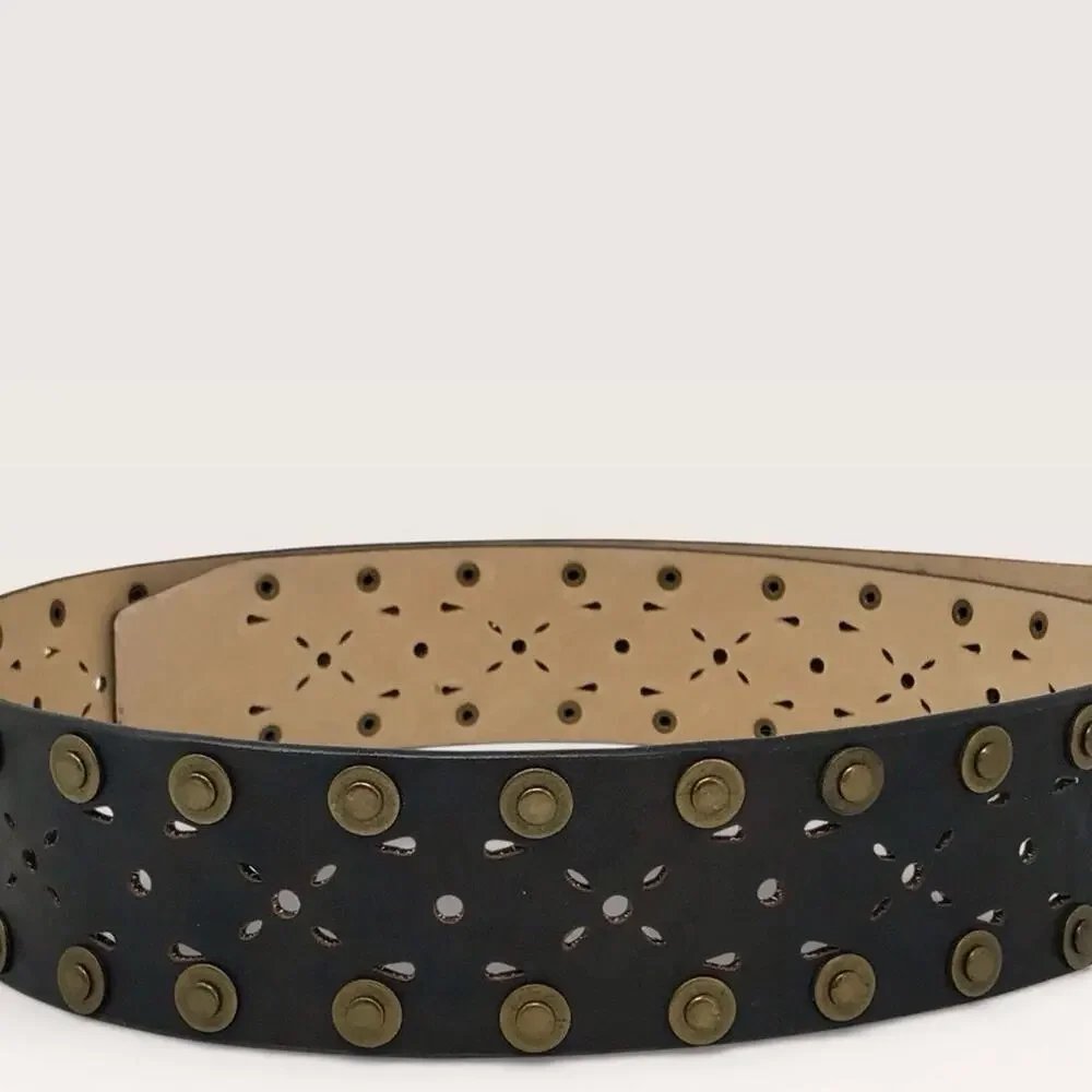 Sonoma Brown Wide Leather Belt Western Style Studded Brass & Cutout Detail
